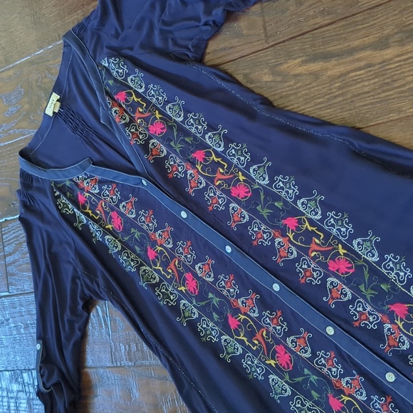 Anthropologie Dresses & Skirts - ANTHRO I Boho Navy Blue Plein Air Floral Embroidered Shirt Dress by Tiny, S